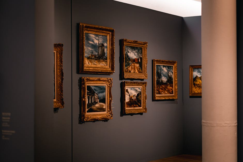 Elegant art gallery with framed paintings on display