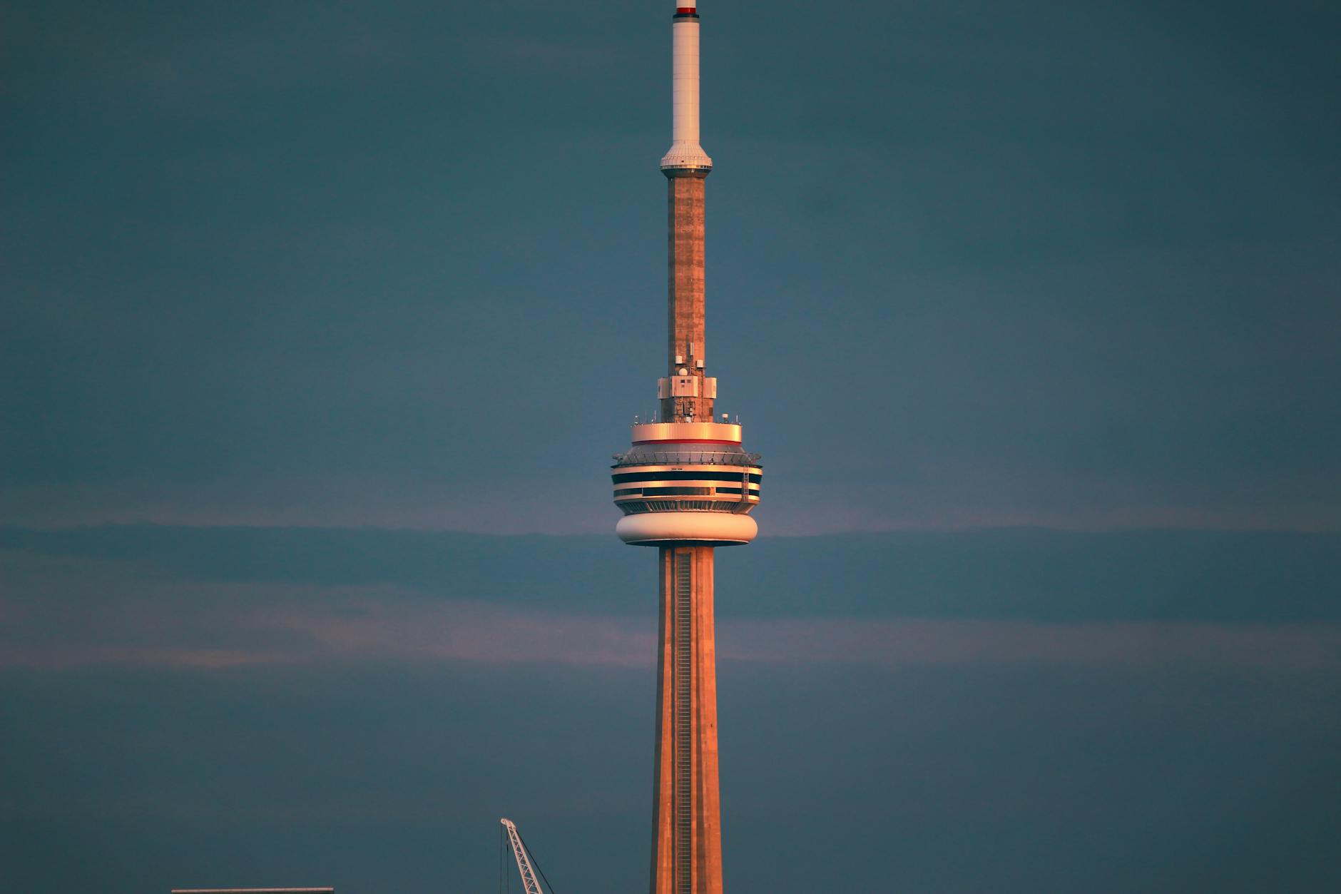 View from CN Tower observation deck of Toronto skyline and lake