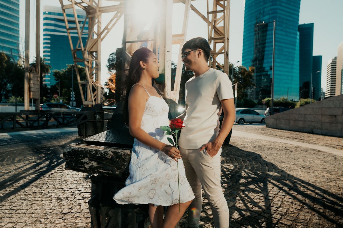 Romantic couple exploring a vibrant city neighborhood