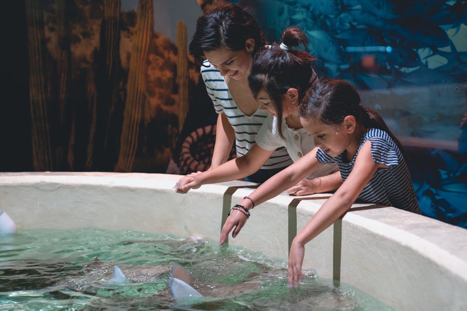 Mother and daughters enjoying an interactive aquarium exhibit together