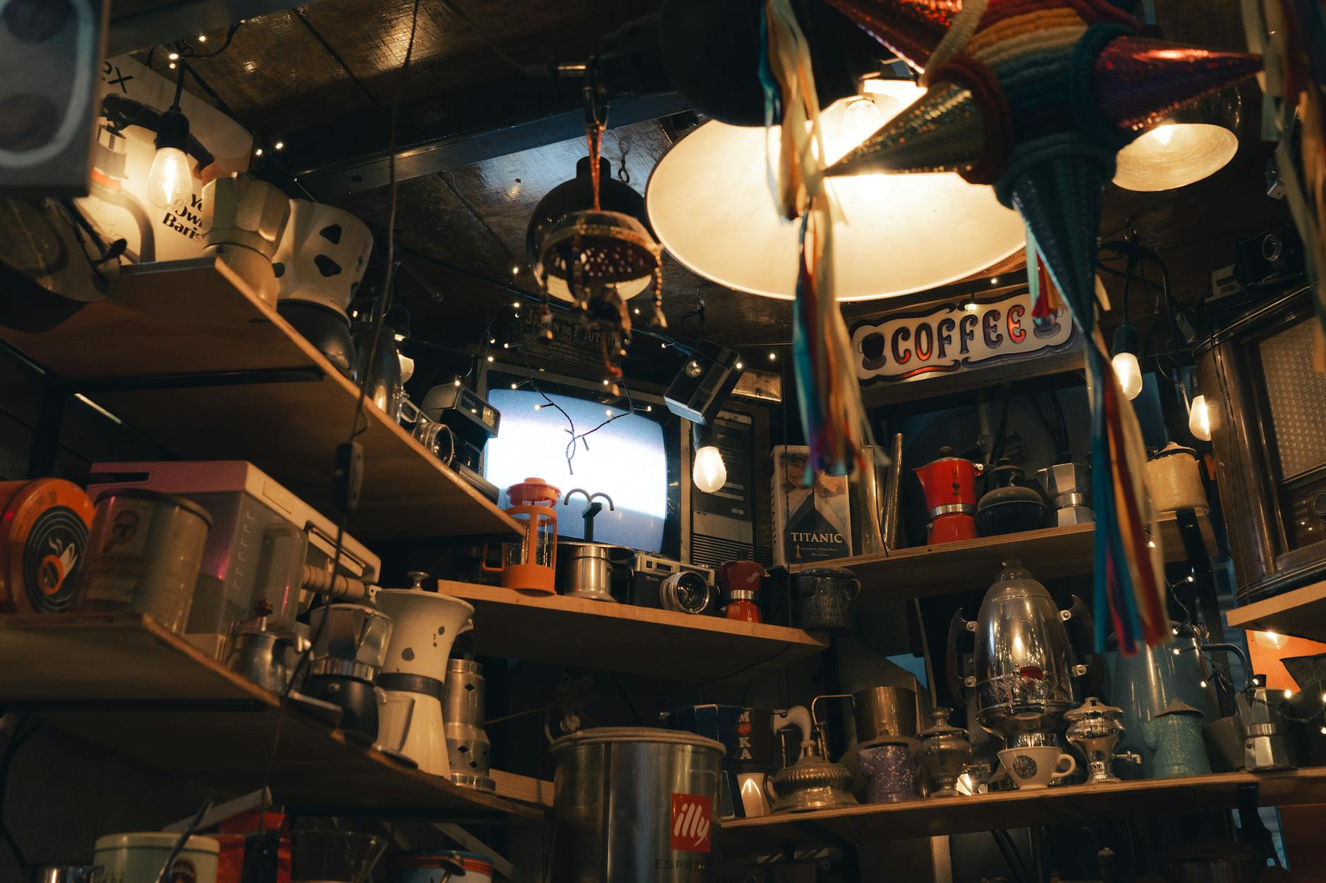 Cozy quirky cafe with vintage decor and warm atmosphere