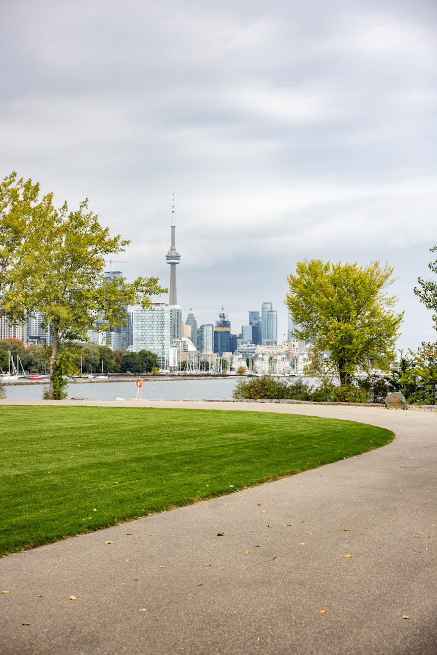Toronto skyline with CN Tower from a park in autumn