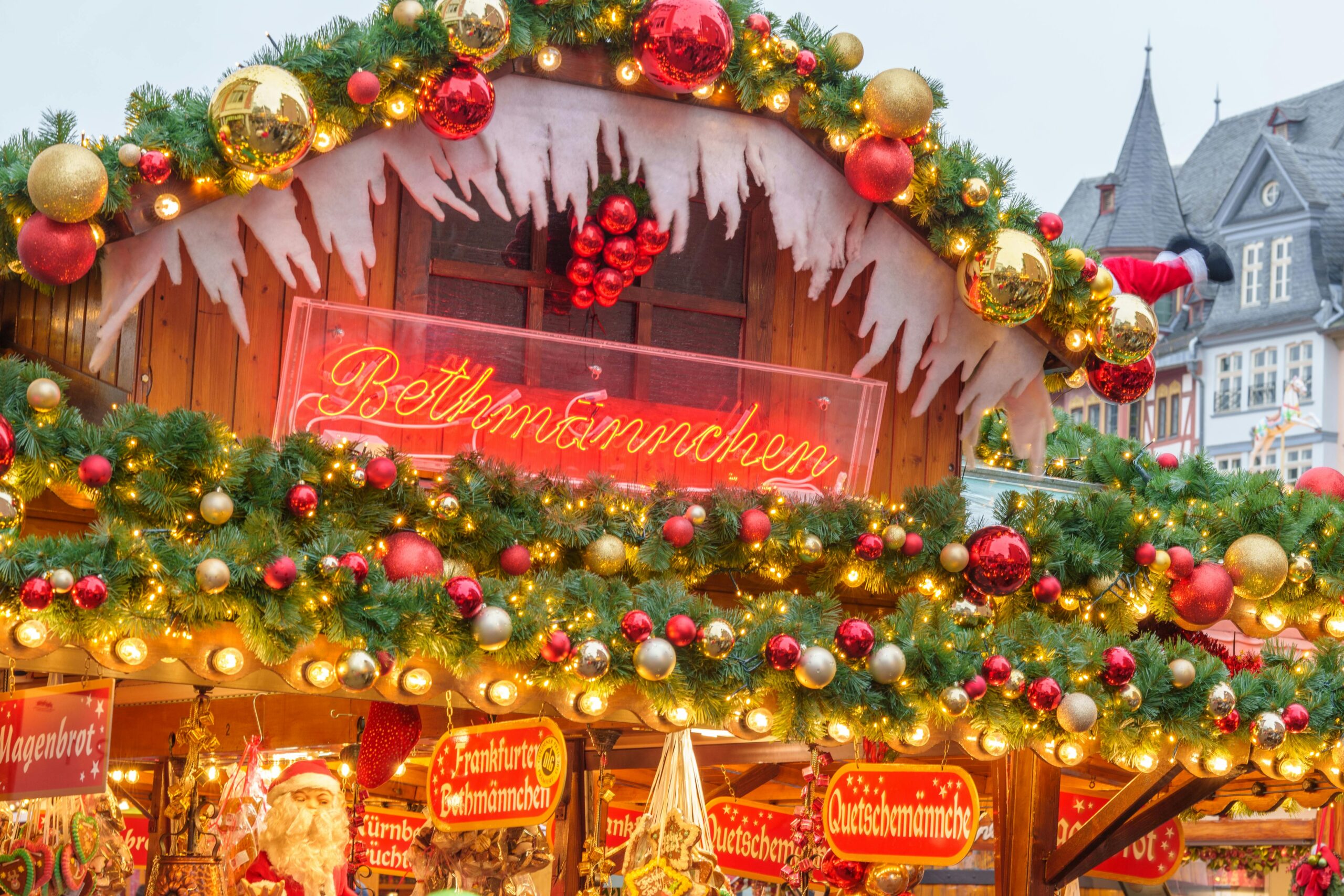 Toronto Christmas Market at Distillery District with holiday decorations, festive lights, and seasonal shopping stalls