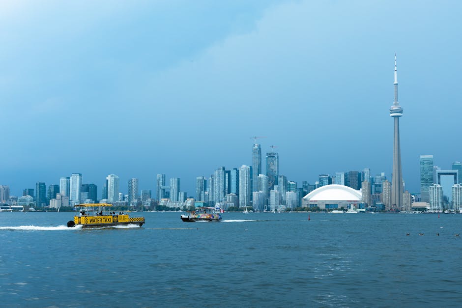 Toronto summer skyline with CN Tower and Lake Ontario
