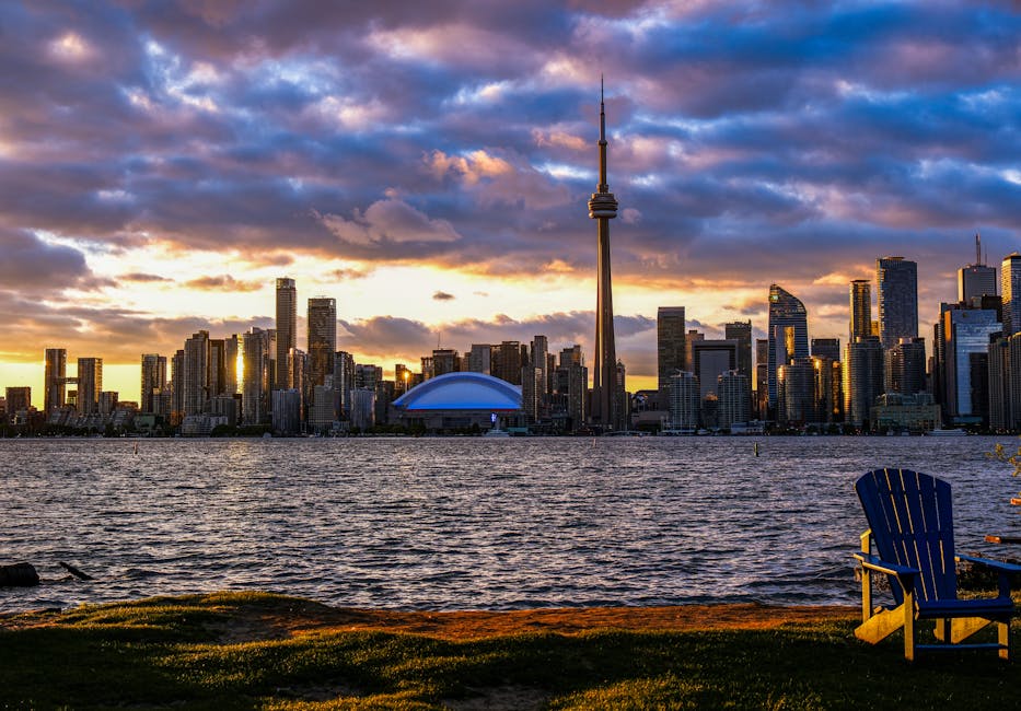 Dramatic sunset over Toronto skyline in summer