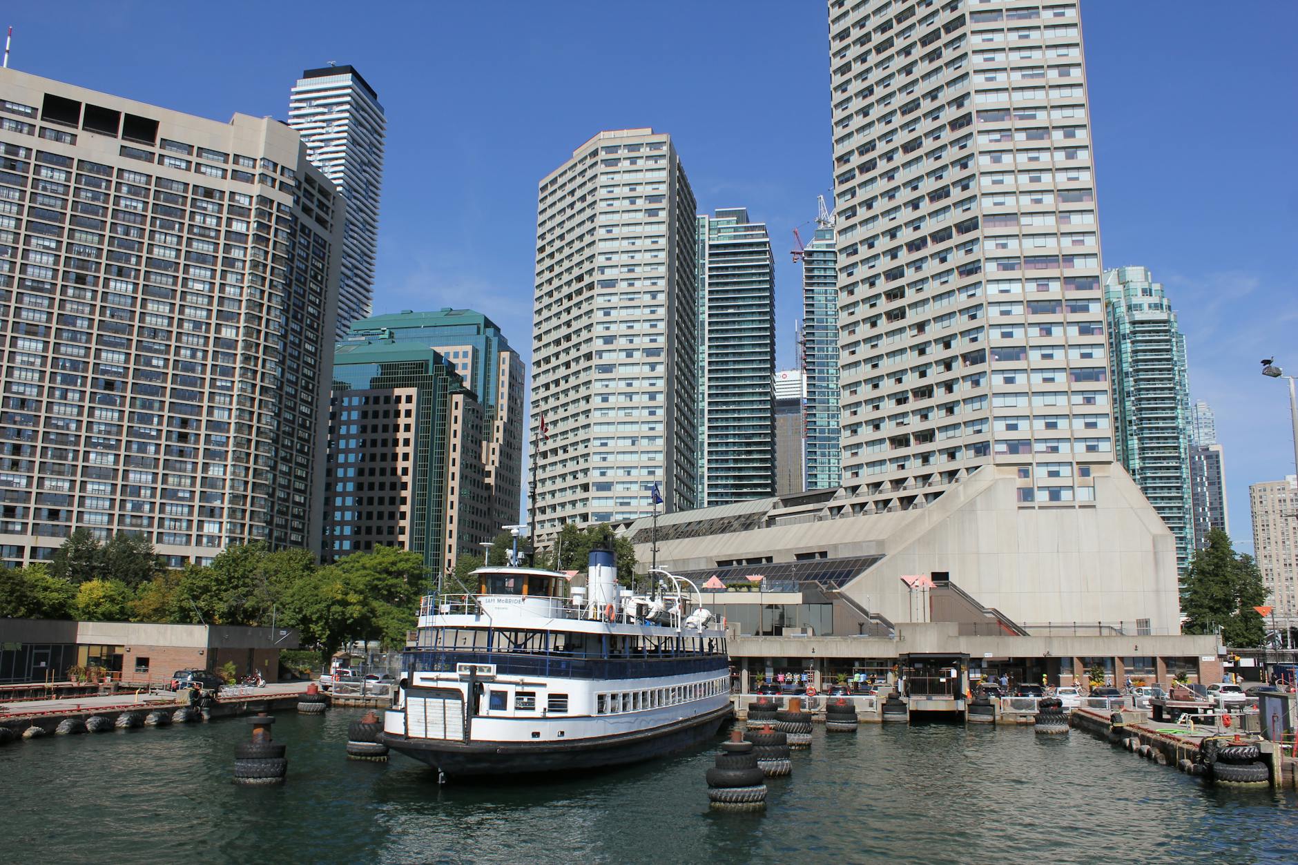 Toronto waterfront harbour cruise view with city skyline and CN Tower
