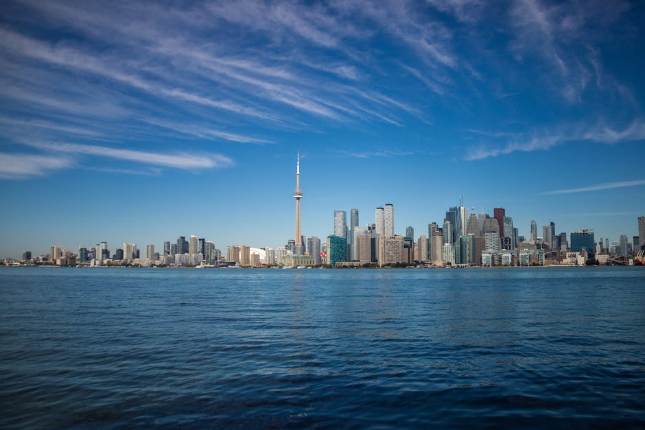 Toronto waterfront skyline along Lake Ontario with CN Tower for outdoor activities