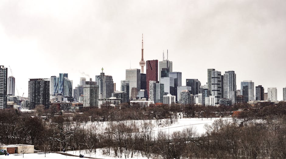 Aerial view of Toronto skyline in winter with snow