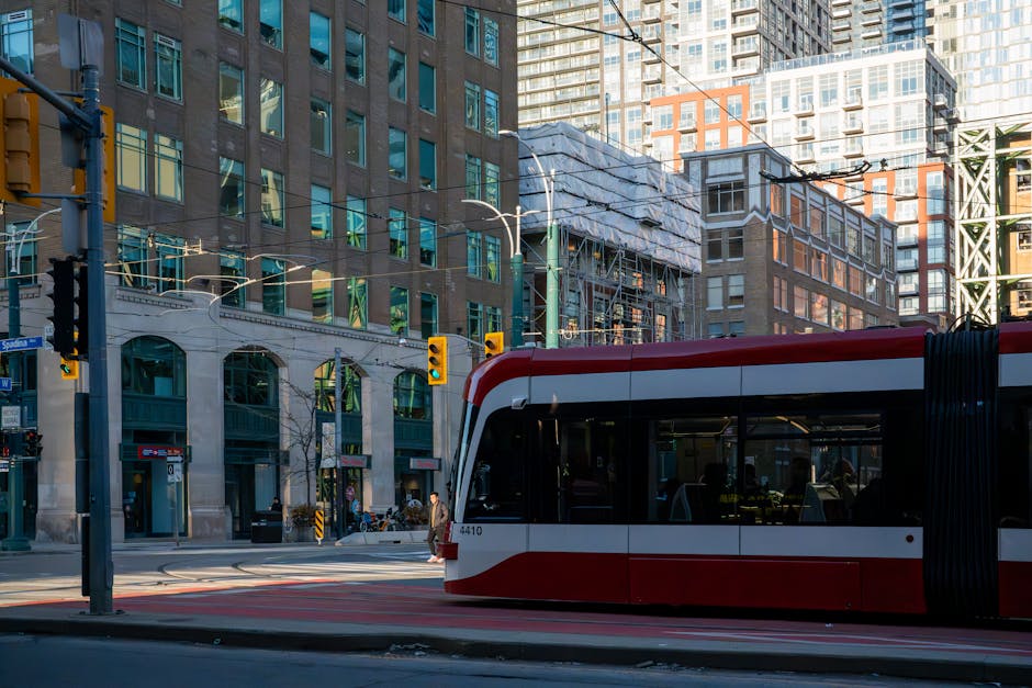 Toronto streetcar in urban downtown - Multiple ways of getting around Toronto