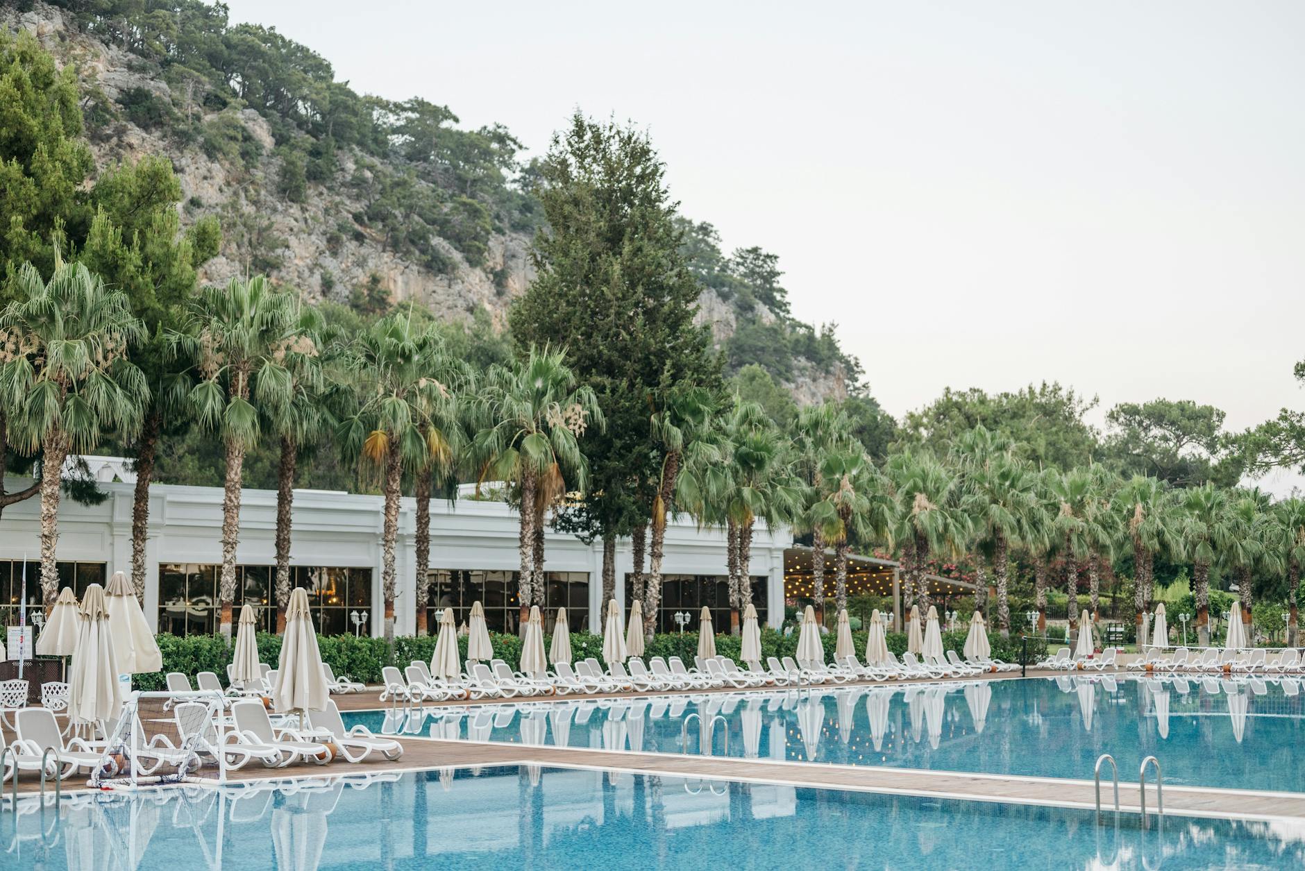 Muskoka resort lakefront pool with pine trees