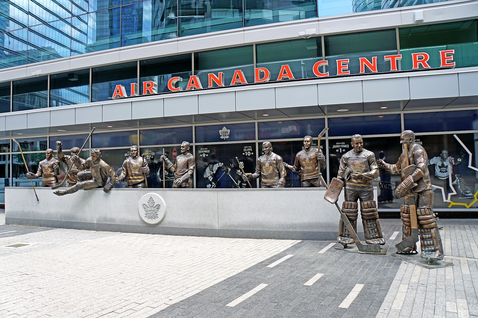 Bronze statues of Toronto Maple Leafs players outside the downtown arena