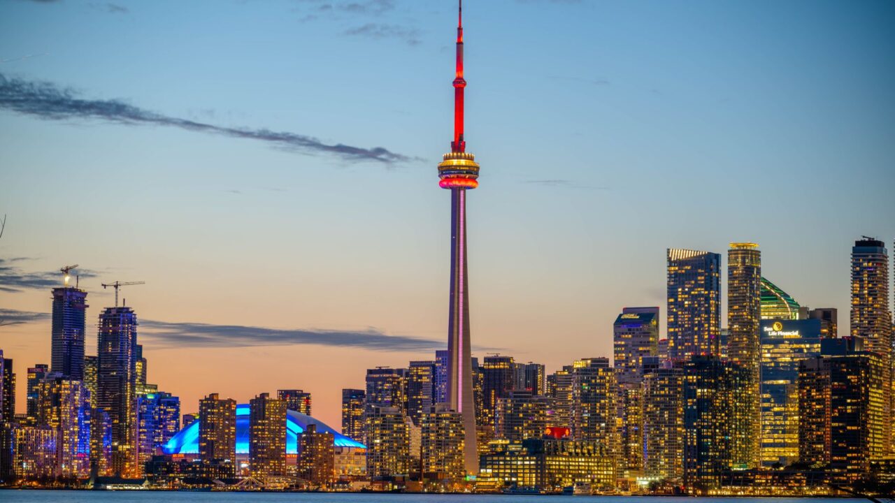 city skyline waterfront sunrise