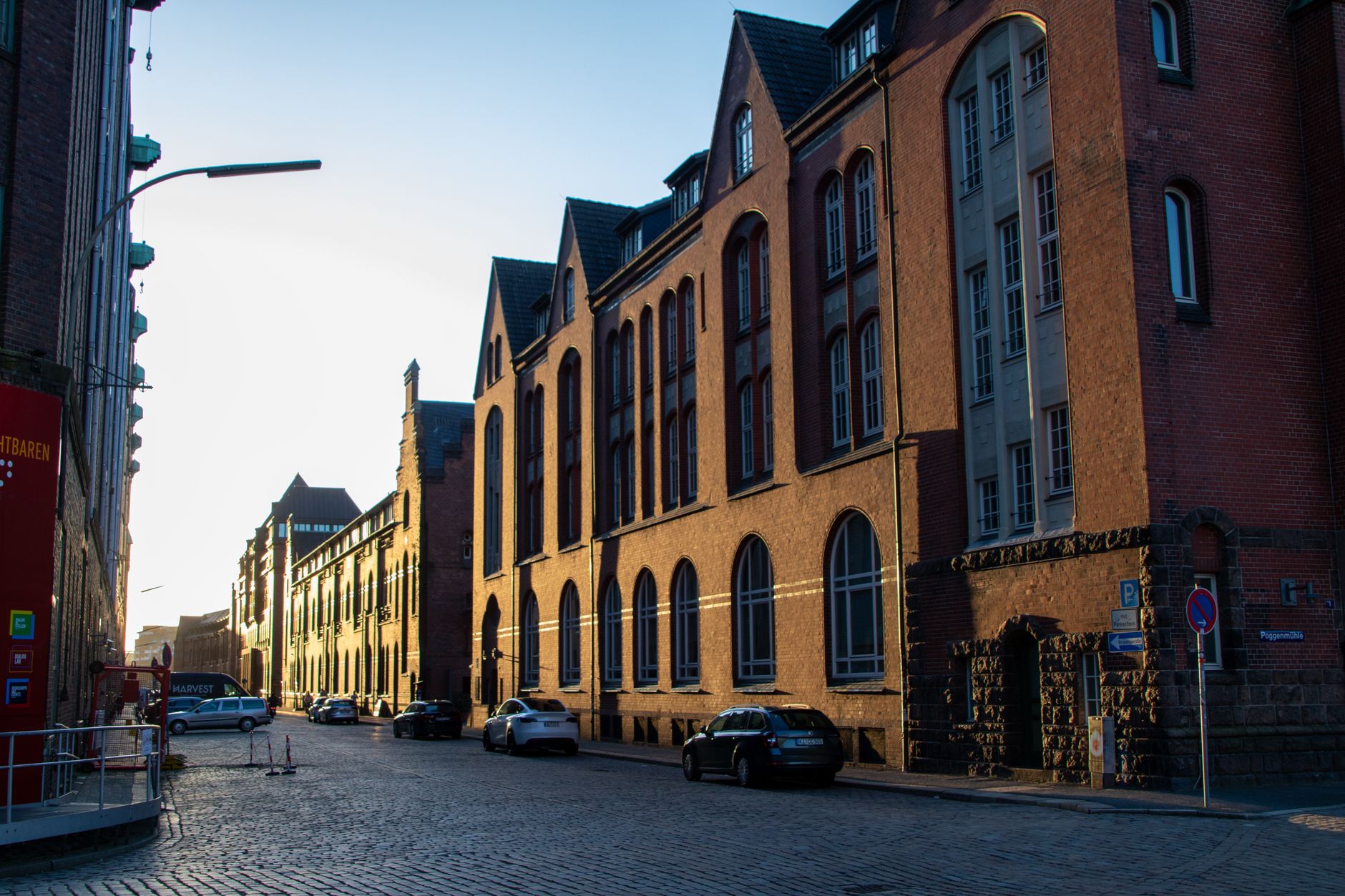 Evening light on the brick facades of a historic warehouse district
