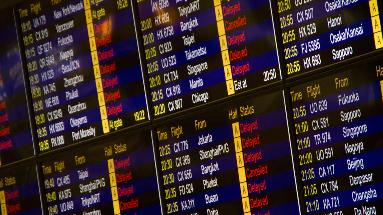 airport departures board travellers