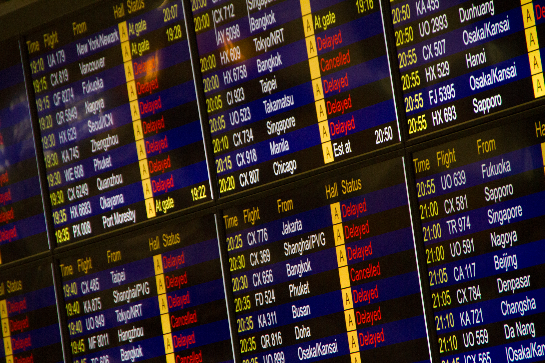 A departures board in a busy terminal, the first thing you read at Toronto Pearson Airport