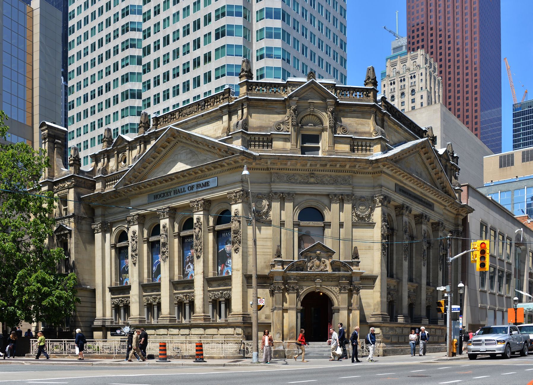 Hockey Hall of Fame's historic stone facade at Yonge and Front in downtown Toronto